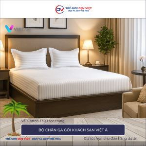 Bộ chăn ga gối khách sạn Việt Á Cotton T300 sọc trắng 1